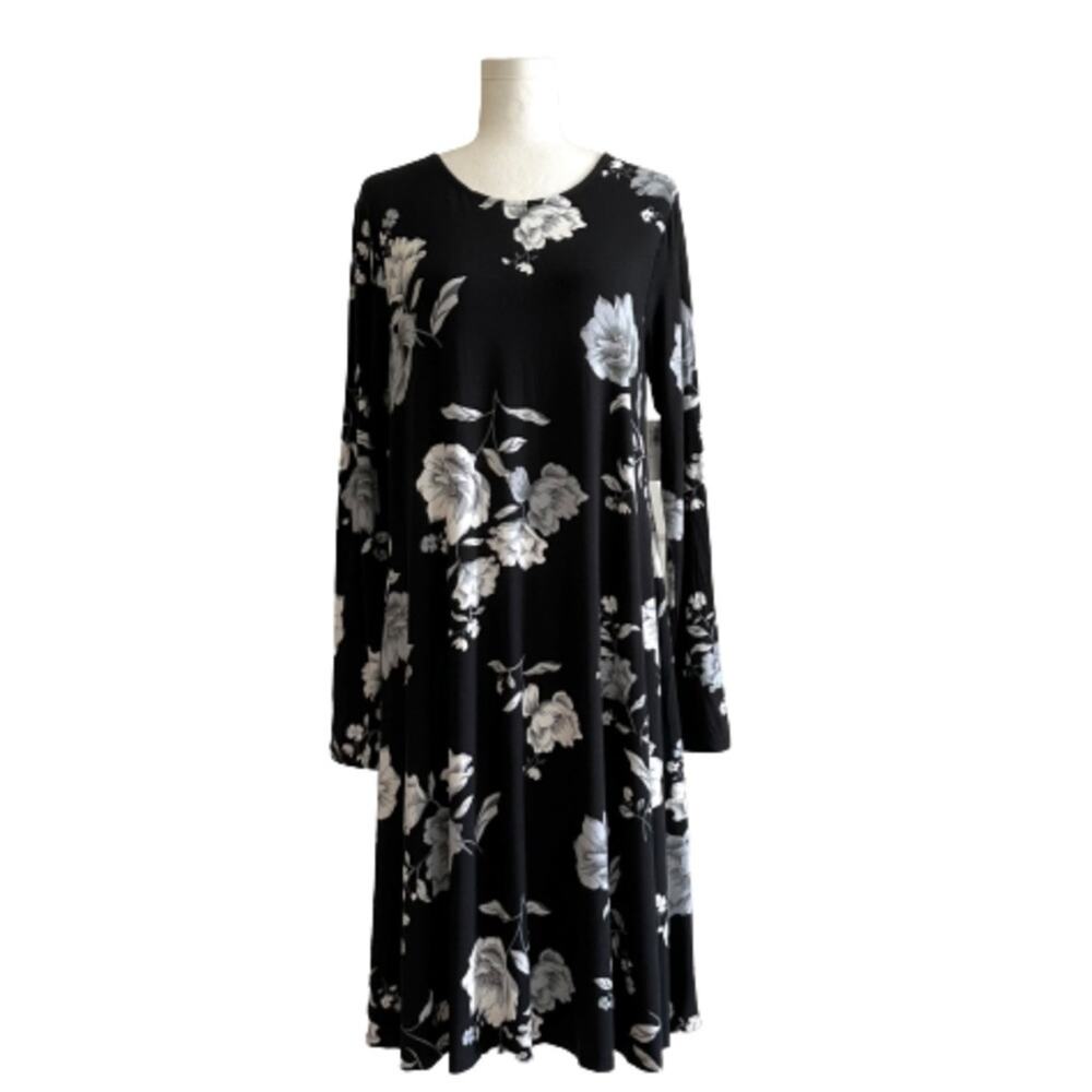 Old Navy Dress Midi Black Gray Floral Print Long Sleeve A-Line Swing Large Tall